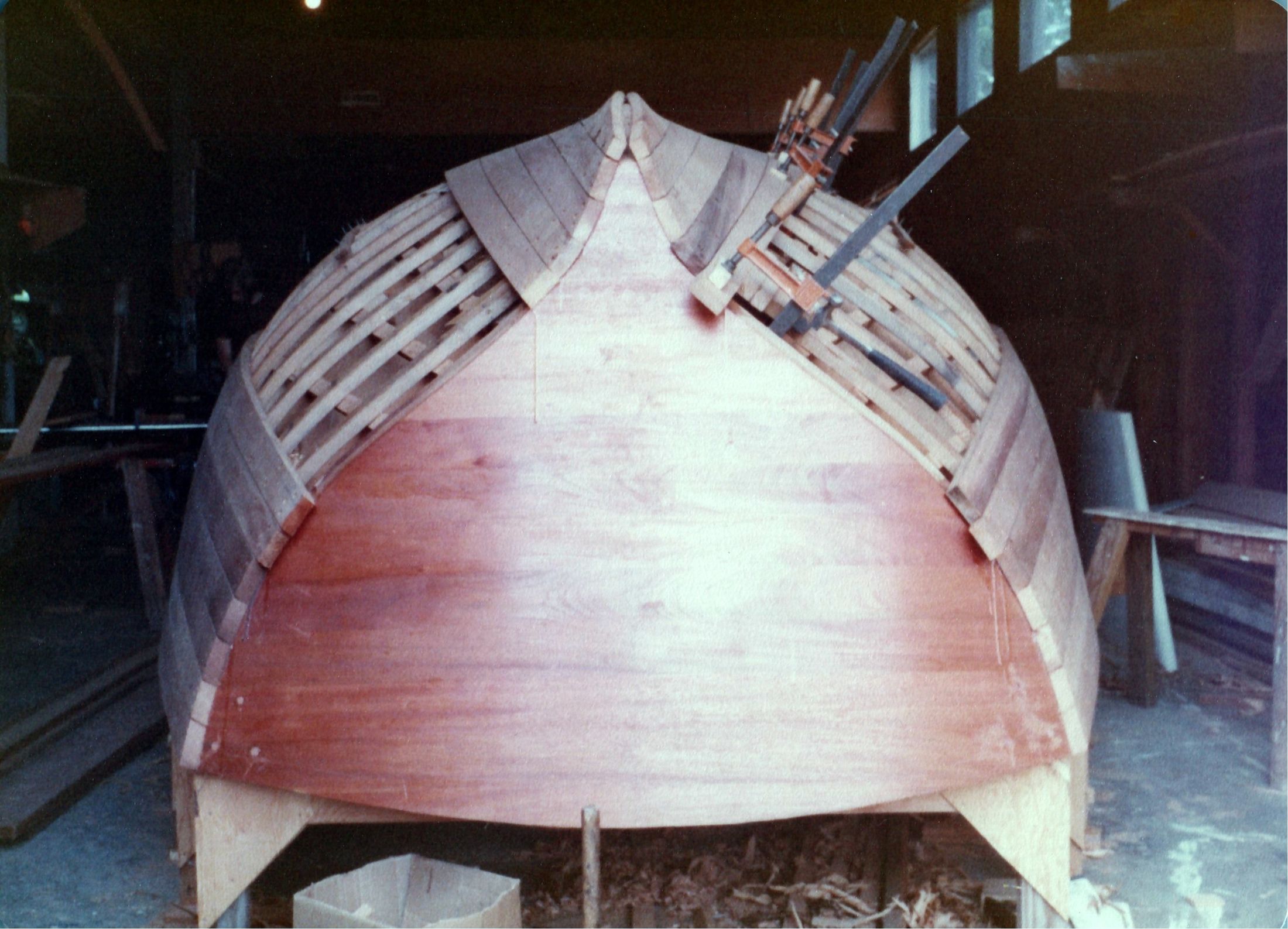 The planked hull from the bow, still upside down