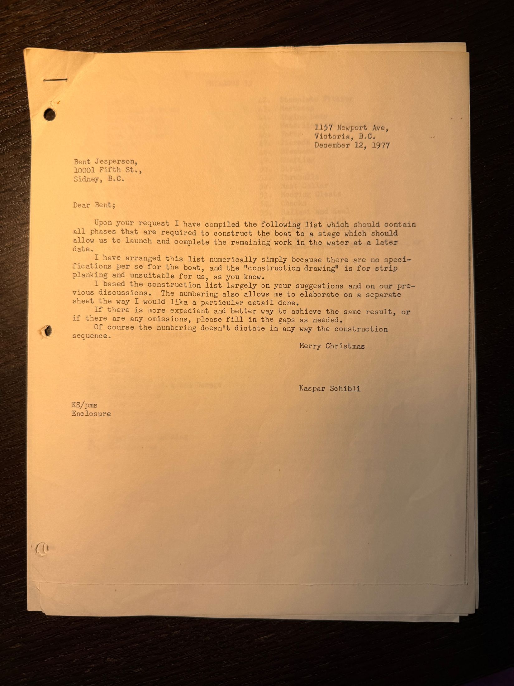 The typed letter of December 12, 1977, from Kaspar Schibli to Bent Jesperson