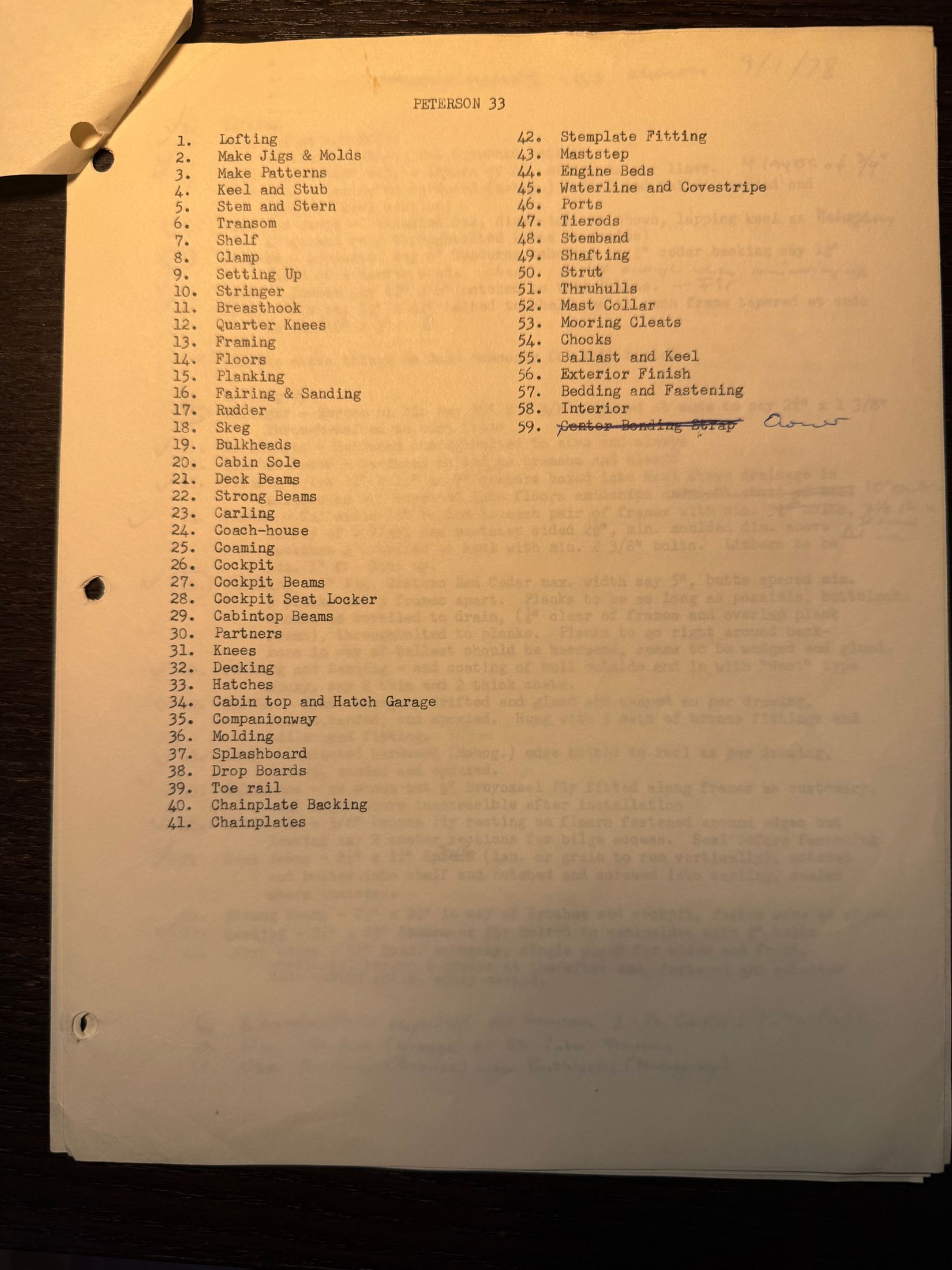 The enclosure: PETERSON 33, a numbered list of 59 construction items