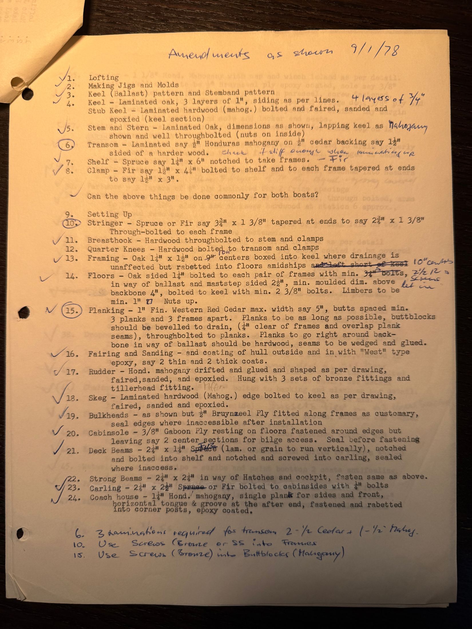 Specification page 1 with pencil check marks and the note Amendments as shown 9/1/78