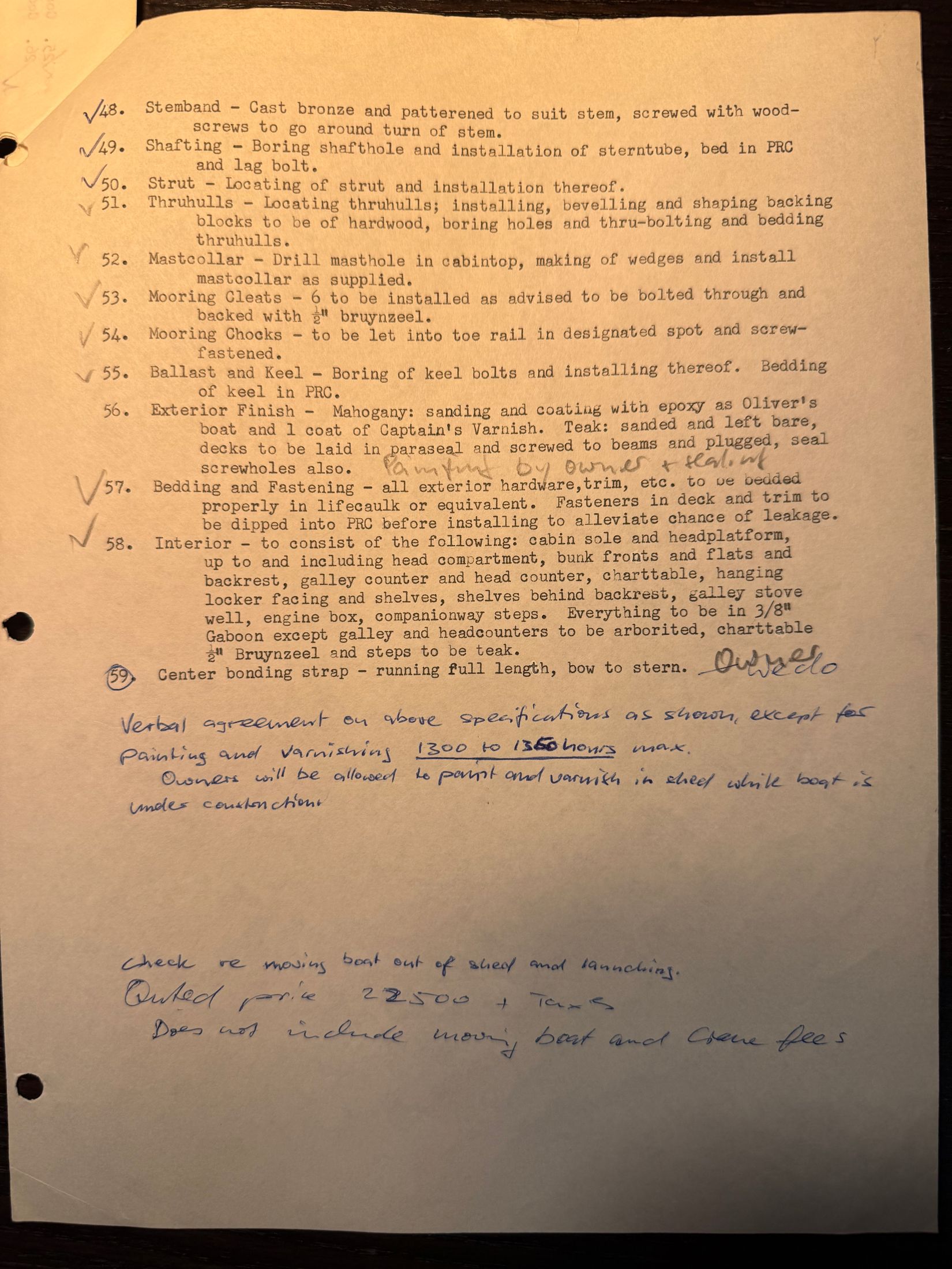 Specification page 3, items 48 to 59, with the handwritten agreement at the foot