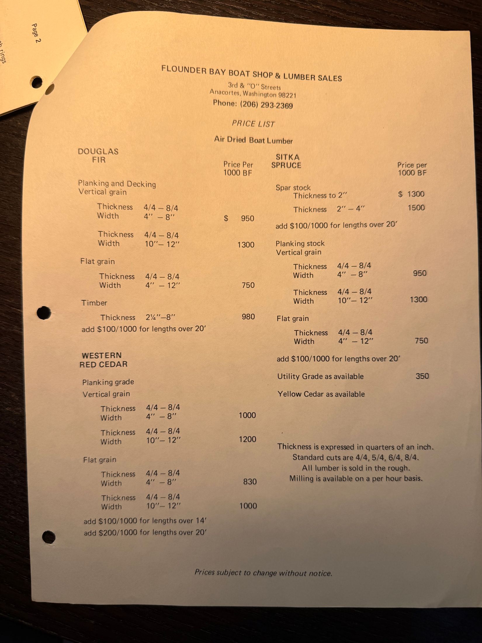 Flounder Bay Boat Shop price list for air dried boat lumber