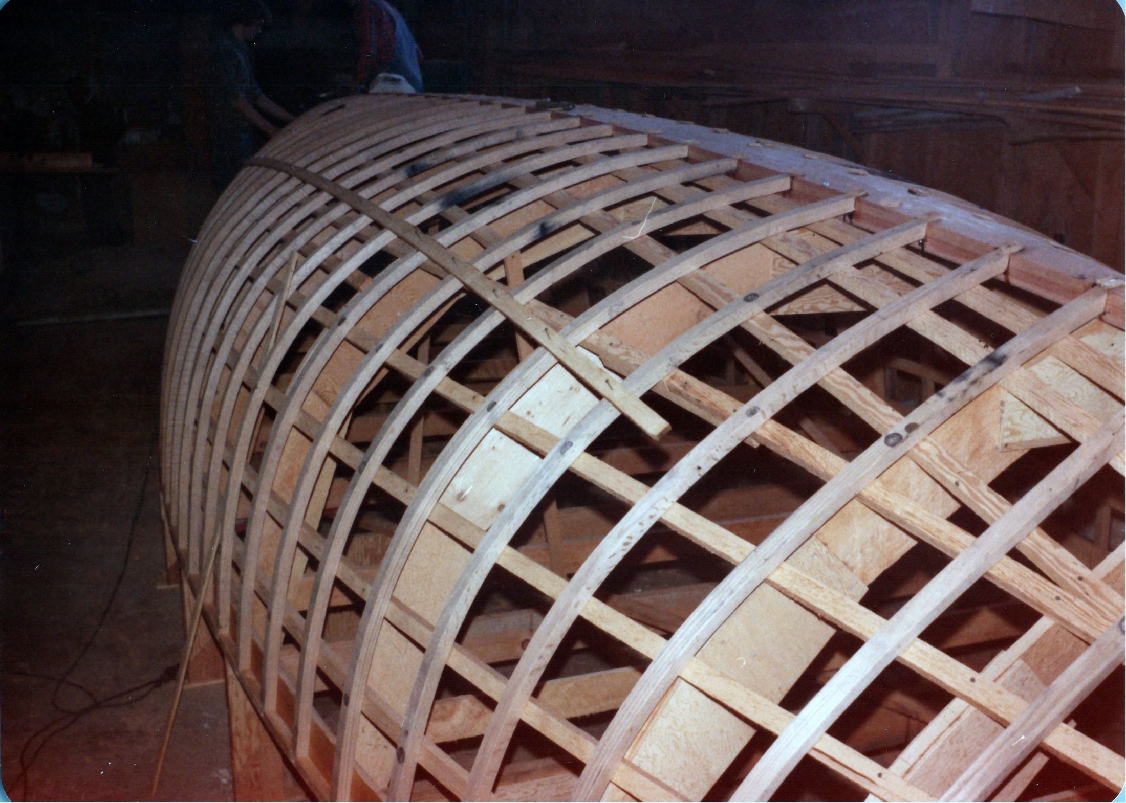 The framed hull from the stern, the transom at the top