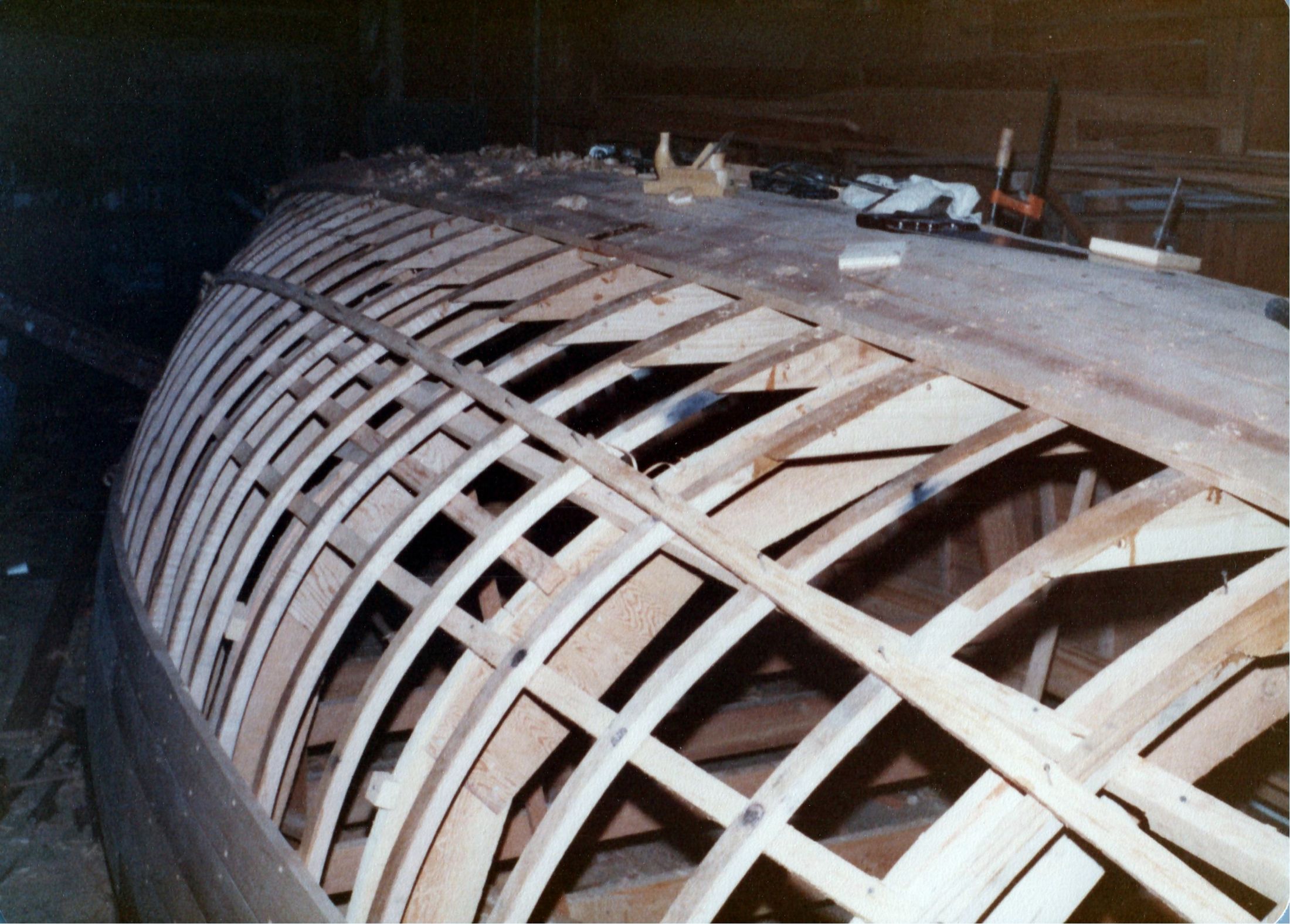 Planking from the bow, the first strakes on at the sheer