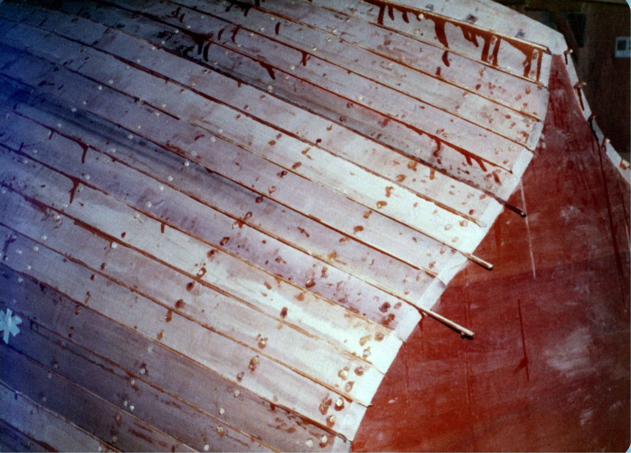 Close view of the planking at the bow, fastenings in rows
