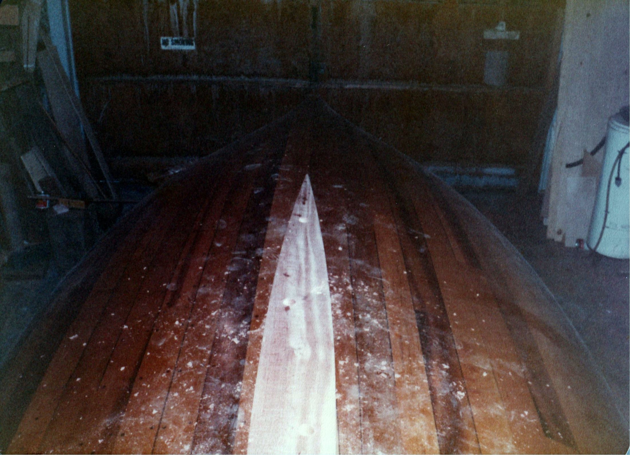 Looking down the keel line of the upright hull