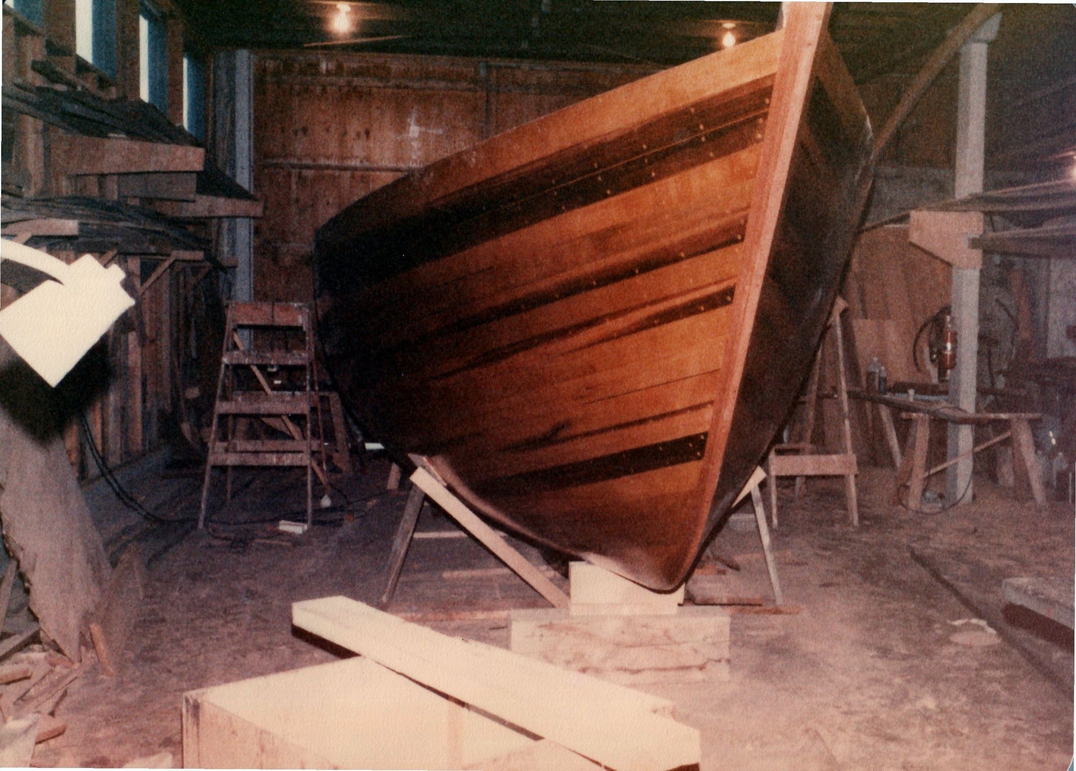 The upright hull in the shop, a stepladder alongside