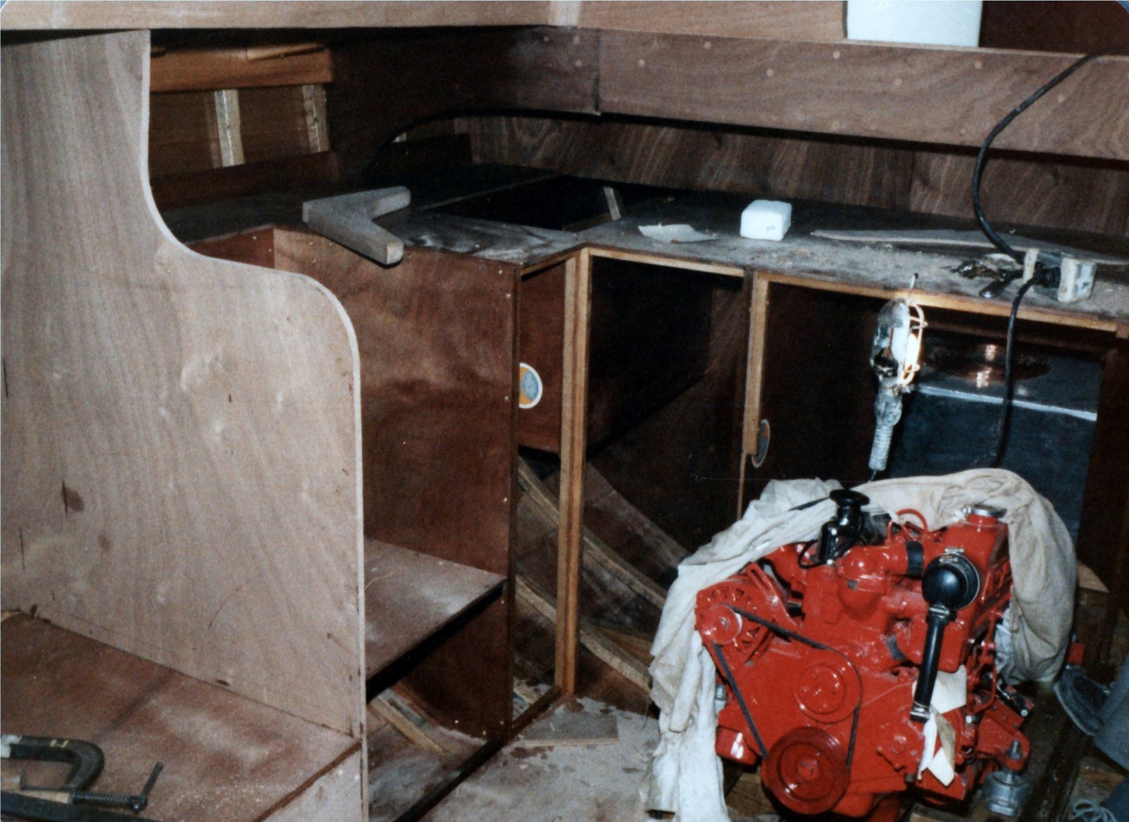 The engine beside the finished cockpit