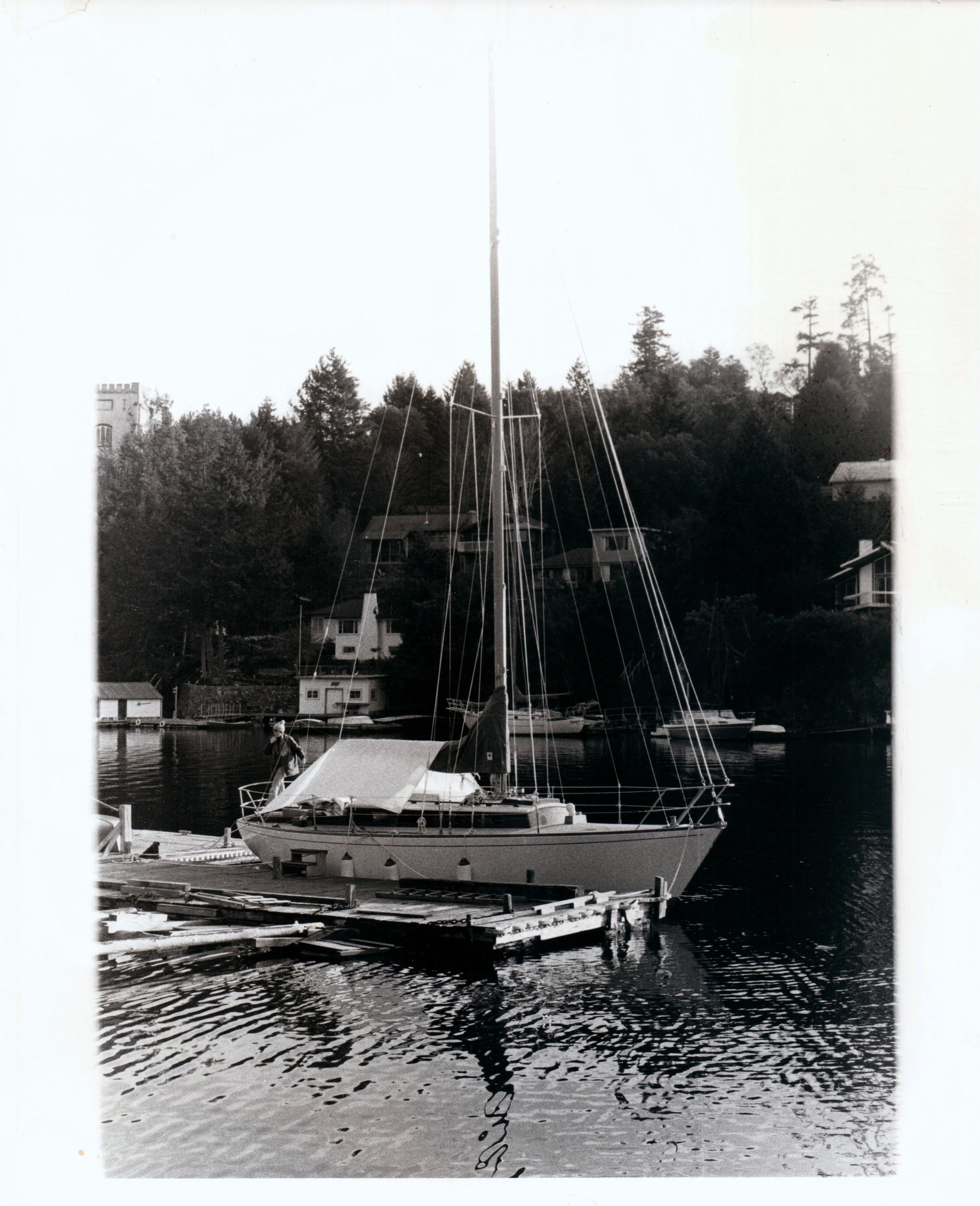 Black and white: Jura at a dock below the trees