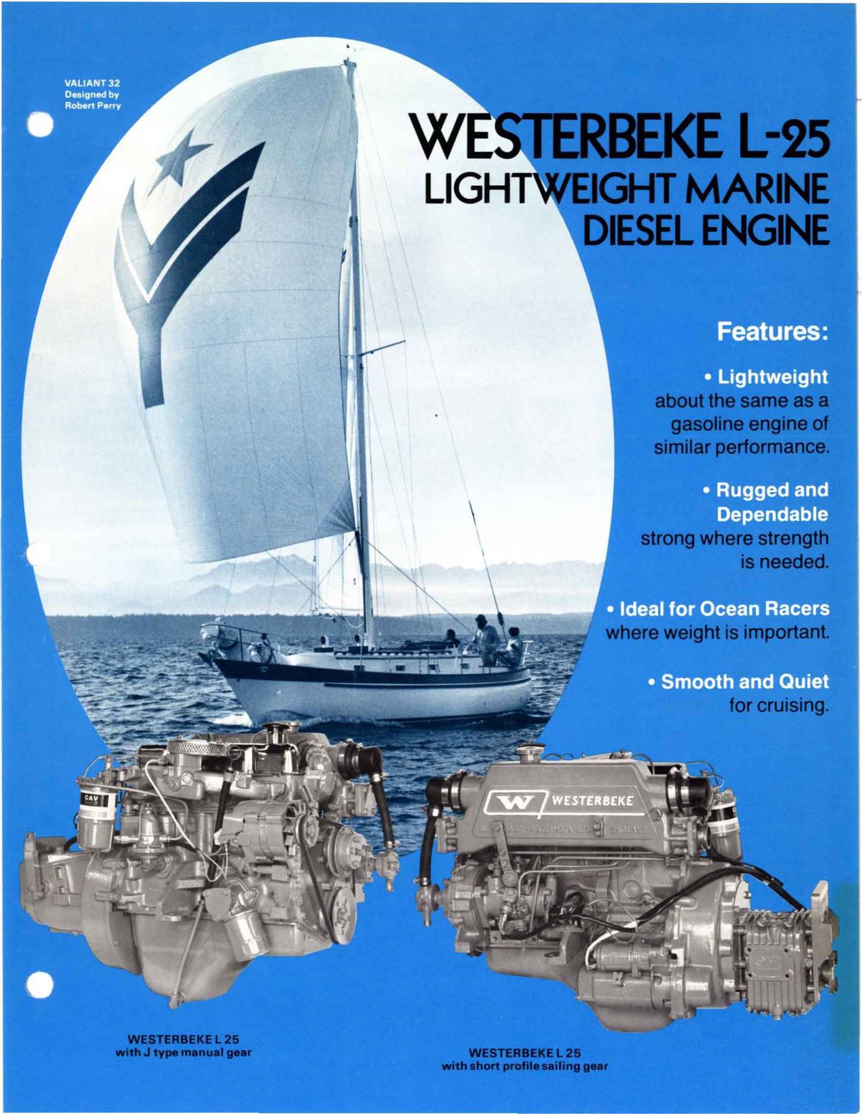 Front page of the Westerbeke L-25 sales sheet, December 1977: a sailboat under spinnaker and two views of the engine